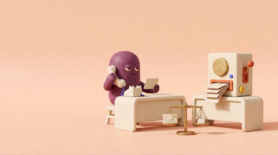 A plum clay figure on a telephone at one desk faces a small envelope machine on the other, a balance scale level between them