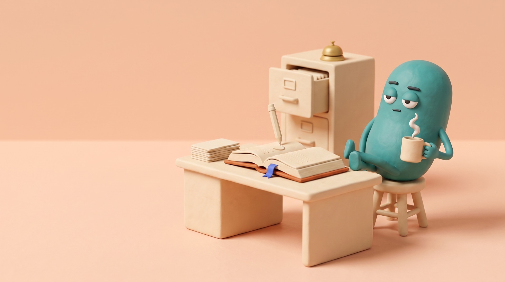 A teal clay figure leaning back with a mug, feet on the desk, while a pencil writes in the open book by itself