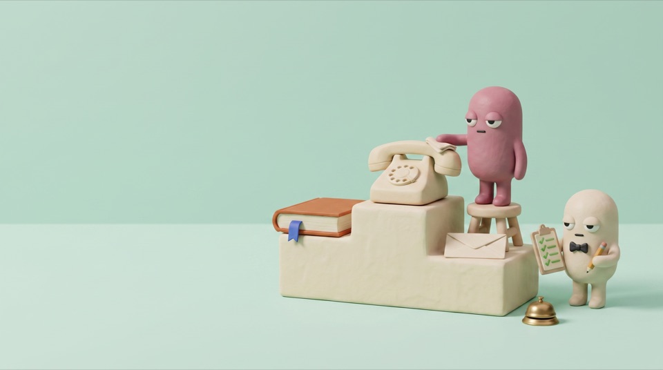 A three-step clay podium holding a telephone, a closed book and an envelope, a pink figure polishing the telephone and a cream figure with a ticked clipboard