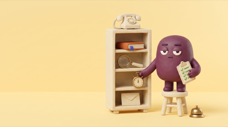 A plum clay figure on a stool placing a stopwatch on a tall shelf unit that holds a telephone, a book, a magnifying glass and an envelope