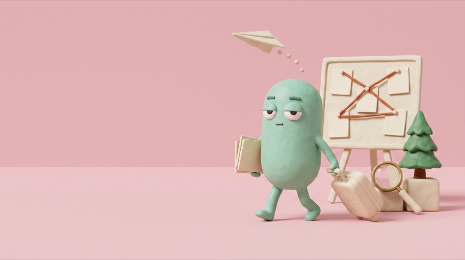 A mint clay figure striding with a rolling suitcase and a stack of cards, a paper plane overhead, a pinboard of cards joined by string behind