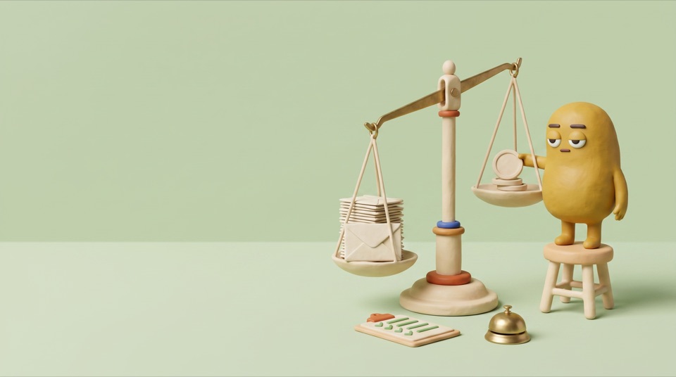 A brass balance scale with a stack of envelopes on one pan and coins on the other, a mustard clay figure on a stool adding a coin