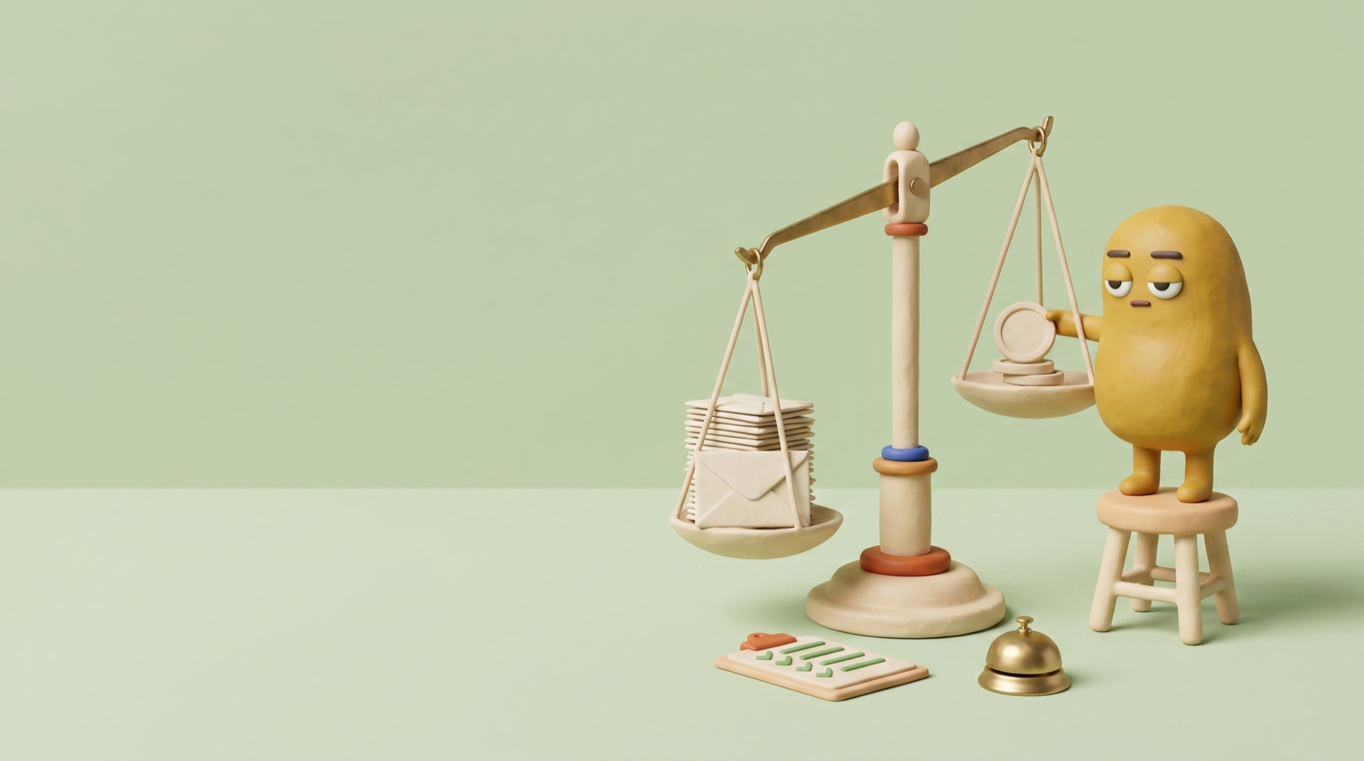 A brass balance scale with a stack of envelopes on one pan and coins on the other, a mustard clay figure on a stool adding a coin