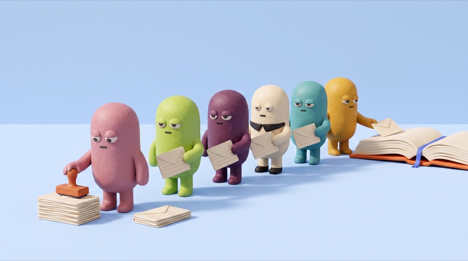 Six clay figures in a line passing envelopes hand to hand toward an open book, the first one stamping each envelope
